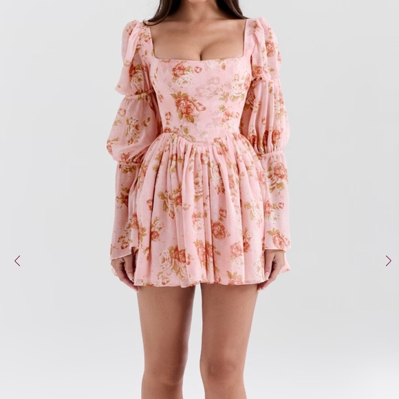 House of CB Sancia English Vintage Rose Print Puff Sleeve Mini Dress - Picture 2 of 3